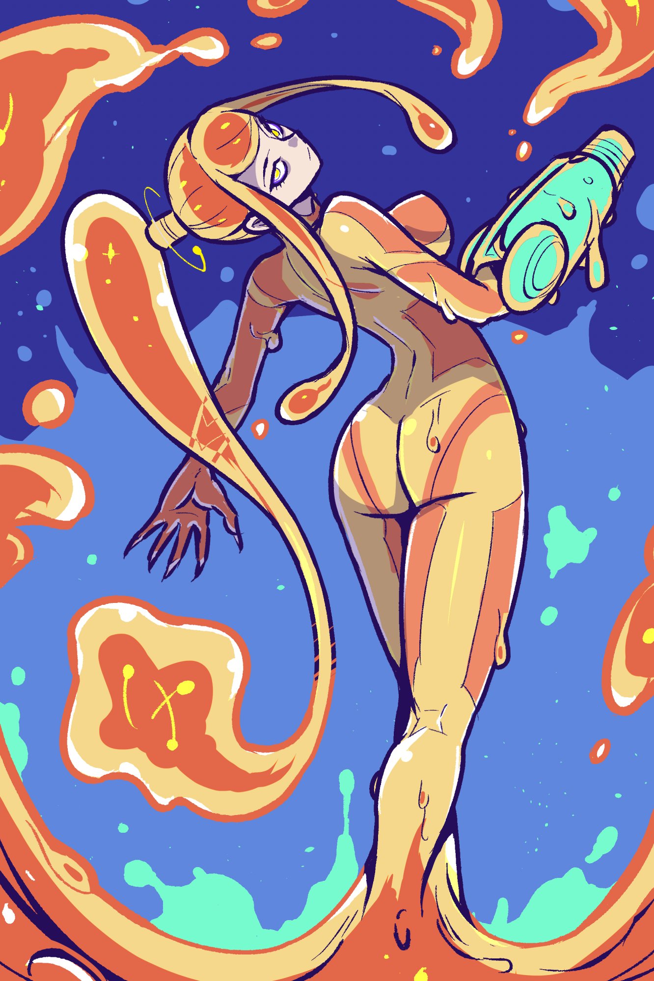 1girl akairiot arched_back arm_cannon ass bodysuit breasts english_commentary highres impossible_bodysuit impossible_clothes kneepits large_breasts long_hair looking_back metroid metroid_fusion orange_bodysuit orange_hair sa-x skin_tight slime_(substance) solo very_long_hair weapon yellow_eyes