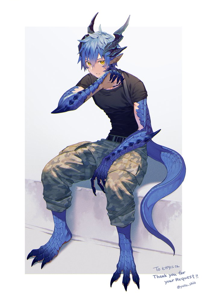 1boy animal_feet black_shirt blue_hair blue_scales camouflage camouflage_pants claws commission dragon_boy dragon_horns dragon_tail fingernails hand_up horns looking_at_viewer monster_boy original pants pants_rolled_up pointy_ears scales sharp_fingernails shirt short_hair sitting skeb_commission slit_pupils spikes tail yellow_eyes yuzu_shio