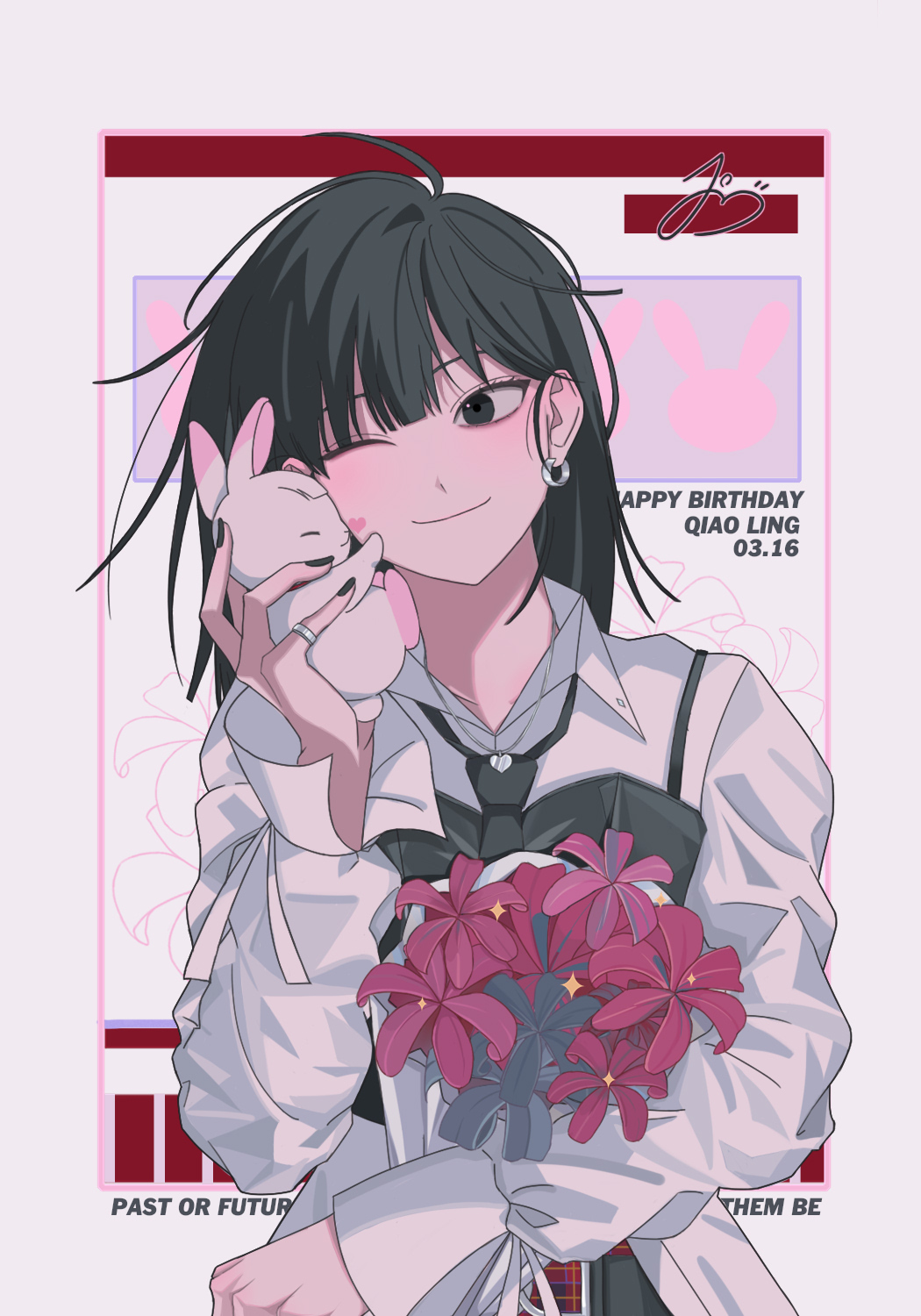 1girl animal bangs black_eyes black_hair black_nails black_necktie blunt_bangs bouquet chinese_commentary closed_mouth collared_shirt commentary_request earrings english_text flower happy_birthday heart heart_necklace highres holding holding_animal holding_bouquet inplick_(style) jewelry koyomi030 long_sleeves medium_hair necklace necktie official_style one_eye_closed pink_background pink_flower qiao_ling rabbit ring shiguang_dailiren shirt simple_background smile solo sparkle white_shirt