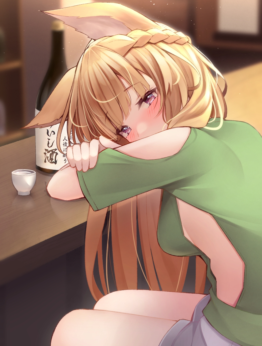 1girl bangs bar bare_shoulders blonde_hair blush bottle braid breasts choko_(cup) clothing_cutout commentary_request counter cup erune eyebrows_visible_through_hair from_side granblue_fantasy green_shirt indoors keima_ron light_particles long_hair looking_at_viewer looking_to_the_side medium_breasts miniskirt sake_bottle shirt short_sleeves shoulder_cutout sideboob sideless_outfit sitting skirt solo very_long_hair violet_eyes white_skirt yuisis_(granblue_fantasy)