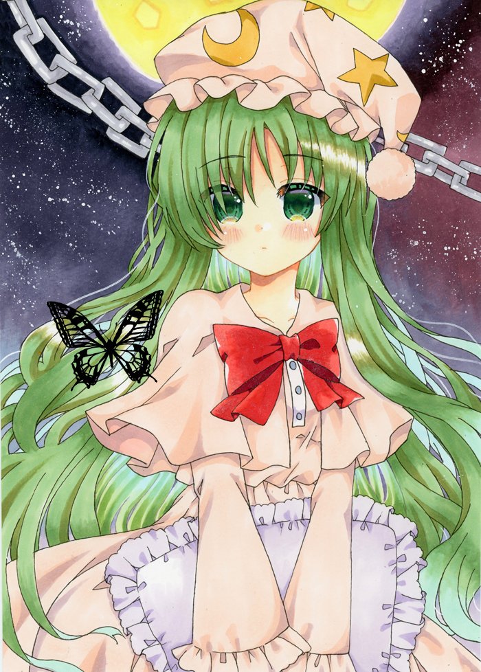 1girl blush bow bowtie bug butterfly camisole capelet chain commentary_request crescent dress eyebrows_visible_through_hair frilled_hat frills full_moon green_eyes hair_over_one_eye hat kazami_yuuka kazami_yuuka_(pc-98) long_hair long_sleeves looking_at_viewer marker_(medium) messy_hair moon night nightcap nightgown object_hug outdoors pajamas pillow pillow_hug pink_capelet pink_dress pink_pajamas pom_pom_(clothes) red_bow red_bowtie sky sleepwear star_(sky) star_(symbol) star_print starry_sky touhou touhou_(pc-98) traditional_media upper_body very_long_hair zenra1112