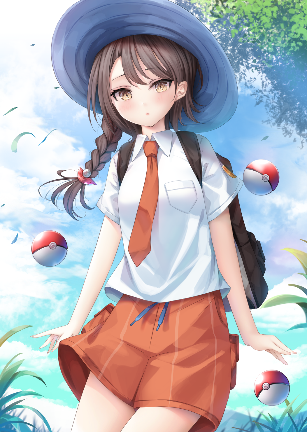 1girl backpack bag bangs blue_headwear blush braid brown_bag brown_eyes brown_hair clouds collared_shirt commentary_request day eyelashes female_protagonist_(pokemon_sv) grass hat highres leaves_in_wind long_hair looking_at_viewer murano necktie orange_necktie orange_shorts outdoors poke_ball poke_ball_(basic) pokemon pokemon_(game) pokemon_sv shirt short_sleeves shorts single_braid sky solo white_shirt