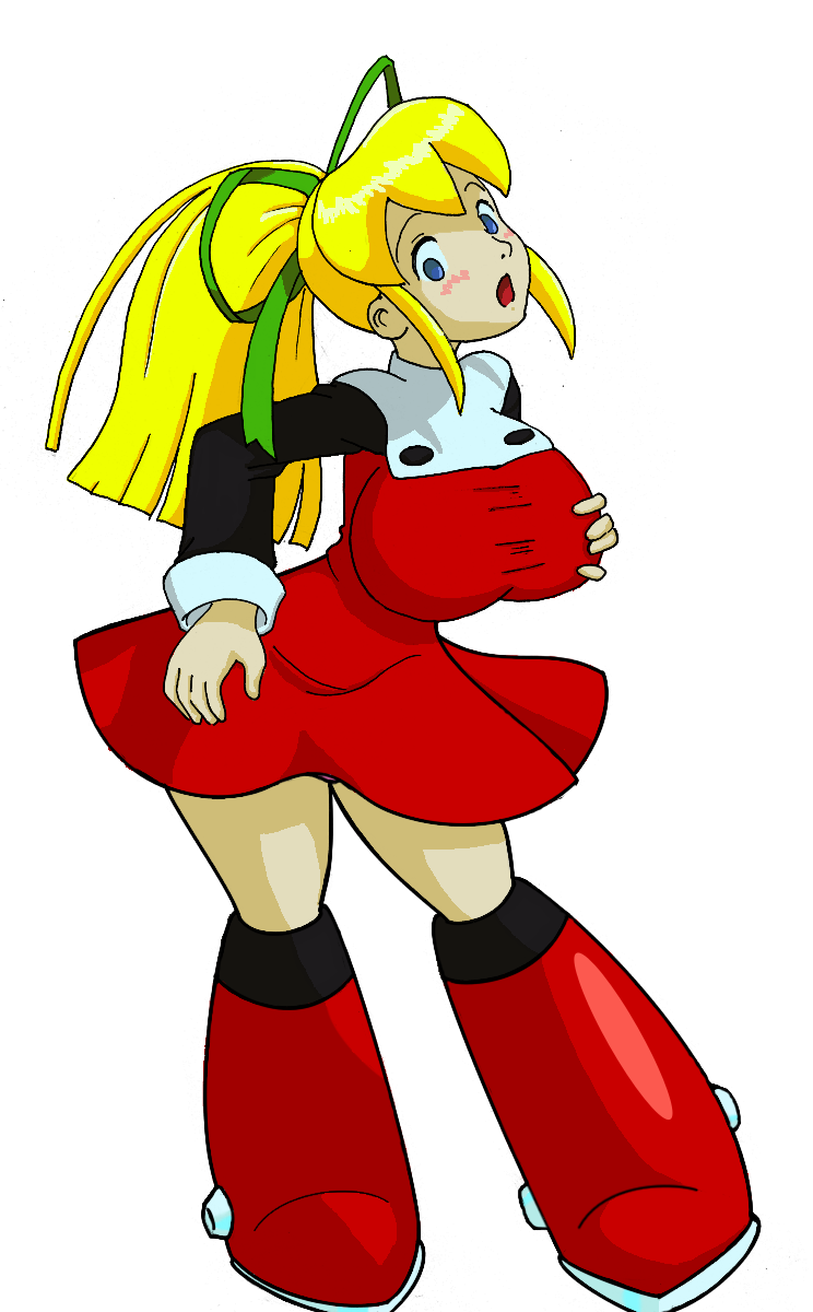 1girl :o alternate_breast_size blonde_hair blue_eyes blush breasts dress hands_on_own_chest highres large_breasts looking_at_viewer mega_man_(classic) mega_man_(series) open_mouth ponytail red_dress red_footwear roll_(mega_man) ticki-ticki