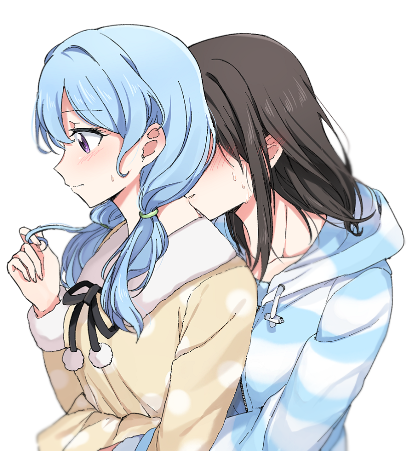 2girls aoiro_050 bang_dream! black_hair blue_hair hair_twirling hidden_face hug hug_from_behind long_hair matsubara_kanon medium_hair multiple_girls okusawa_misaki pajamas polka_dot polka_dot_pajamas side_ponytail striped striped_pajamas sweatdrop upper_body violet_eyes white_background yuri