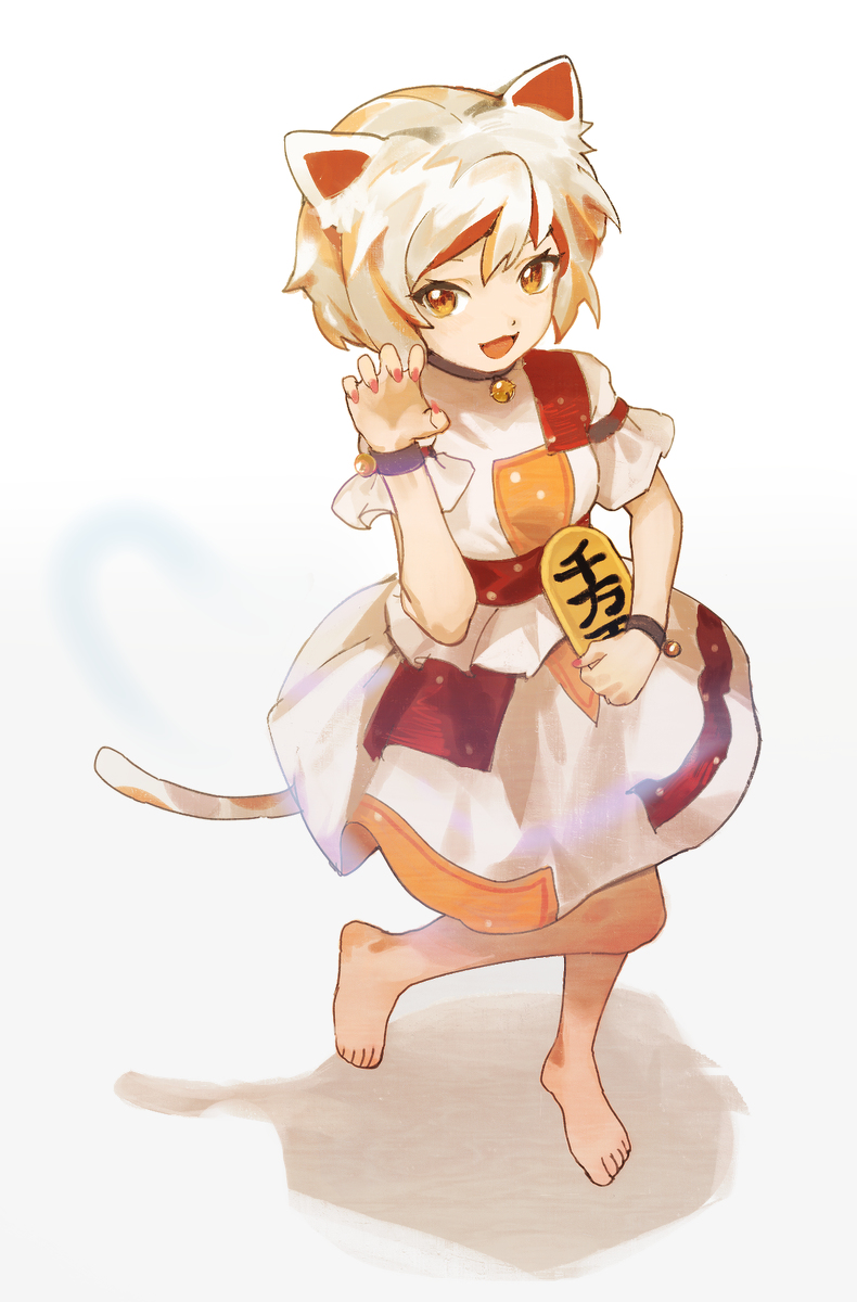 1girl animal_ears bangs barefoot bell calico cat_ears cat_girl cat_tail claw_pose coin commentary_request gold goutokuji_mike highres holding jingle_bell koban_(gold) leg_up maneki-neko medium_skirt multicolored_clothes multicolored_hair multicolored_shirt multicolored_skirt multicolored_tail neck_bell orange_eyes patch patchwork_clothes short_hair siyumu skirt standing standing_on_one_leg streaked_hair tail toes touhou white_hair