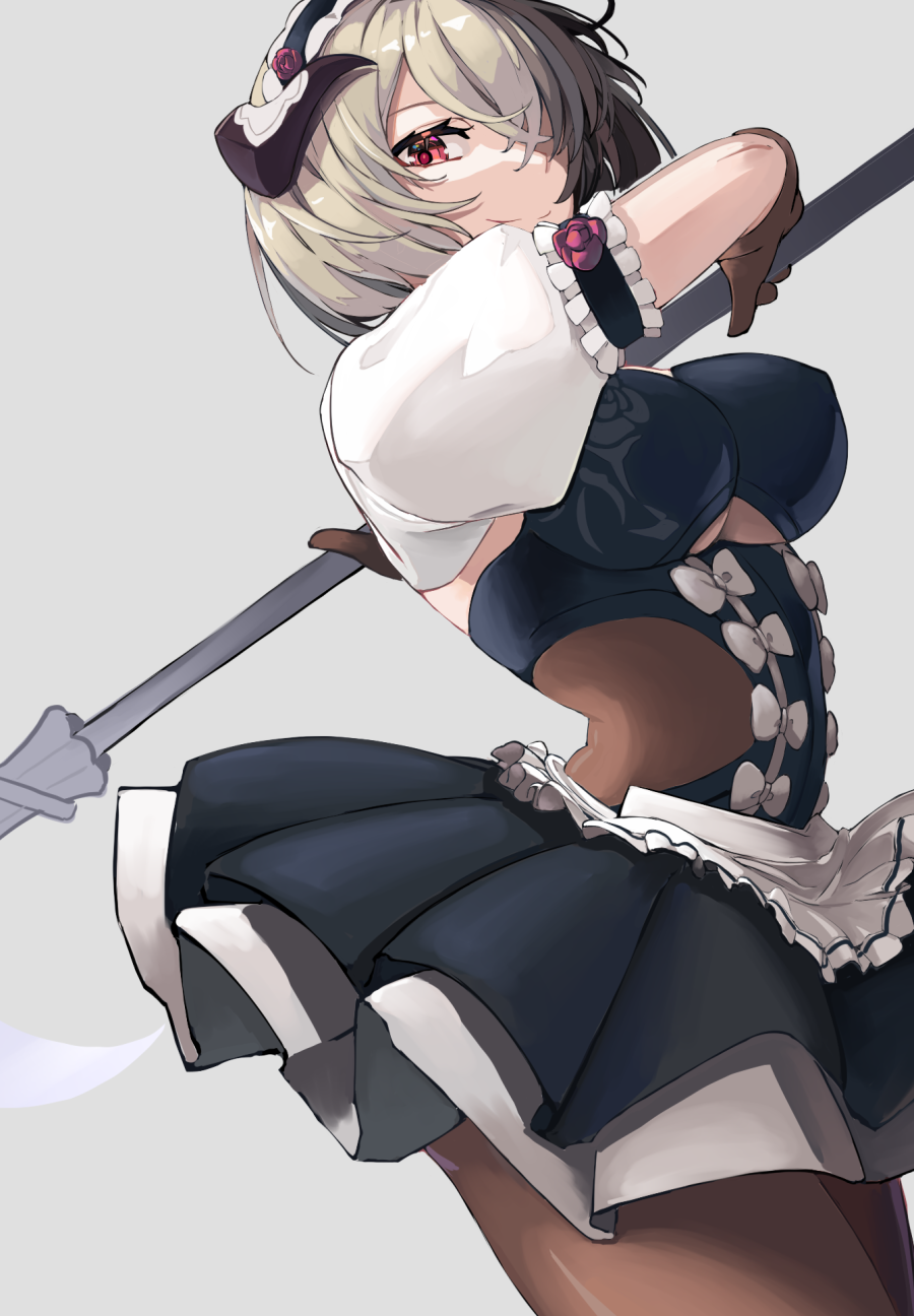 1girl bangs benghuai_xueyuan black_legwear breasts eyebrow_piercing eyebrows_visible_through_hair grey_background grey_hair hair_over_one_eye highres holding holding_polearm holding_weapon honkai_(series) honkai_impact_3rd incoming_attack looking_at_viewer maid maid_headdress pantyhose piercing polearm red_eyes reibun_(raven1119) rita_rossweisse short_hair simple_background skirt solo spear thigh-highs weapon