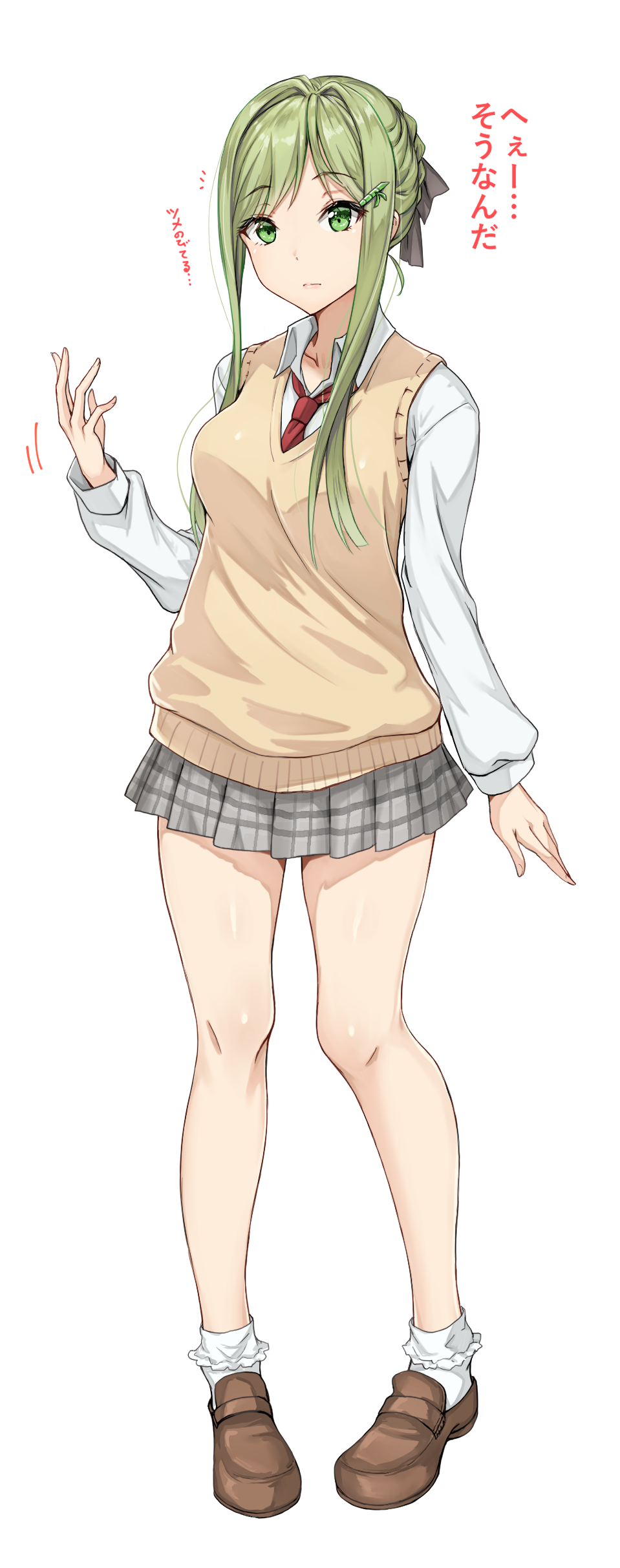 1girl ;d absurdres alternate_costume amagi_(amagi626) bangs brown_footwear closed_mouth collared_shirt full_body green_eyes green_hair highres long_sleeves looking_at_viewer necktie one_eye_closed red_necktie school_uniform shirt short_hair_with_long_locks simple_background skirt smile solo standing striped striped_skirt sweater_vest teireida_mai touhou translation_request white_background white_legwear white_shirt