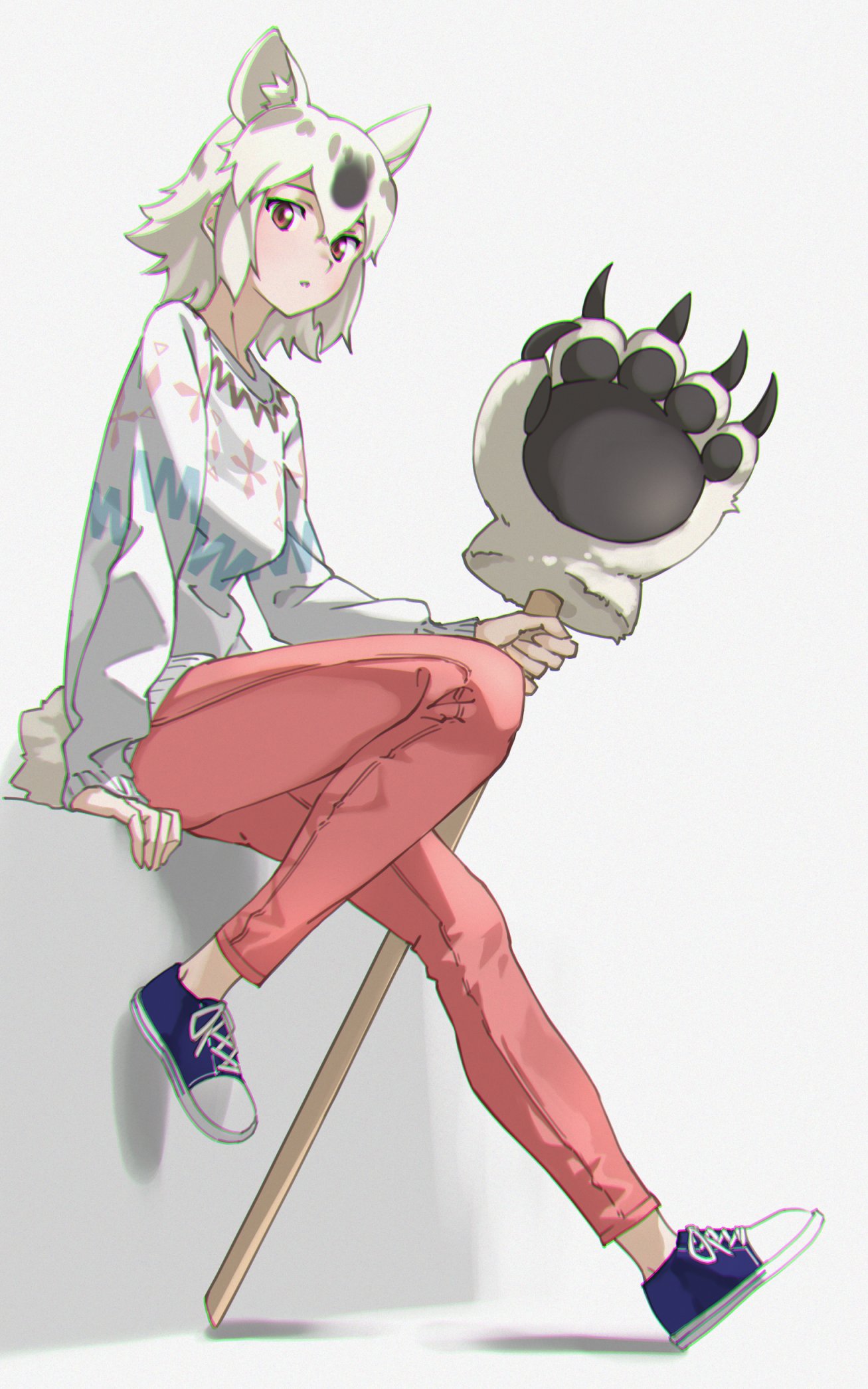 1girl animal_ear_fluff animal_ears bangs bear_ears bear_girl bear_paw_hammer bear_tail brown_eyes casual chromatic_aberration commentary contemporary extra_ears full_body grey_background hair_between_eyes highres kemono_friends long_sleeves looking_at_viewer pants parted_bangs polar_bear_(kemono_friends) red_pants shirt shoes short_hair simple_background sitting sleeves_past_wrists sneakers solo tail tanabe_(fueisei) white_hair