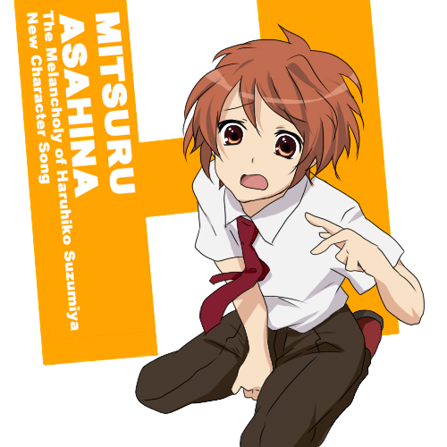 1boy album_cover asahina_mitsuru bangs brown_eyes brown_pants character_name commentary_request cover eyebrows_visible_through_hair genderswap genderswap_(ftm) h kita_high_school_uniform lowres male_focus natsuno necktie open_mouth orange_hair pants red_footwear red_necktie school_uniform shirt shoes short_hair short_sleeves sitting solo suzumiya_haruhi_no_yuuutsu v white_shirt