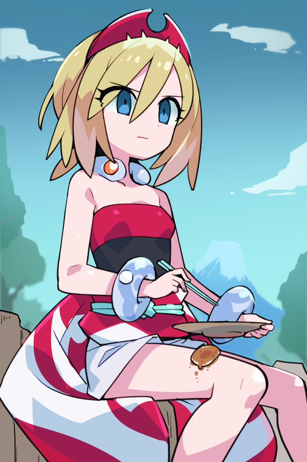 1girl bangs blonde_hair blue_eyes bracelet chopsticks closed_mouth clouds collar commentary_request commission day dropping eyelashes food_on_legs hair_between_eyes hairband holding holding_chopsticks holding_plate imomochi irida_(pokemon) jewelry knees medium_hair outdoors plate pokemon pokemon_(game) pokemon_legends:_arceus red_hairband red_shirt sash shirt shorts sitting sky solo strapless strapless_shirt stroma white_shorts