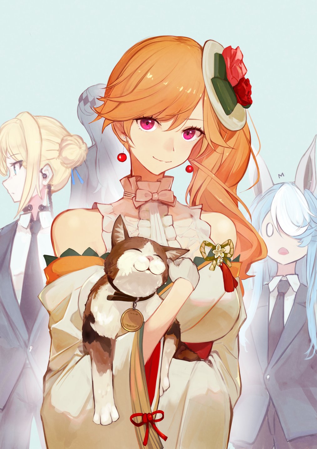 0_0 4girls ^^^ alternate_costume animal animal_ears azur_lane bangs bare_shoulders black_jacket black_necktie blonde_hair blue_background blue_eyes blue_hair blue_ribbon breasts cat center_frills closed_mouth collared_shirt commentary_request cowboy_shot drill_hair earpiece earrings fake_animal_ears flower formal frills gloves grey_hair hair_between_eyes hair_bun hair_over_one_eye hair_ribbon hat hat_flower highres holding holding_animal holding_cat jacket japanese_clothes jeanne_d'arc_(azur_lane) jewelry kimono kimono_dress large_breasts long_hair looking_at_viewer maille-breze_(azur_lane) marshall_k mini_hat multicolored_hair multiple_girls necktie off-shoulder_kimono official_alternate_costume open_mouth orange_hair partial_commentary ribbon richelieu_(azur_lane) richelieu_(evergreen_prophecy)_(azur_lane) saint-louis_(azur_lane) shirt side_drill sidelocks simple_background smile solo_focus standing streaked_hair suit swept_bangs tilted_headwear two-tone_hair upper_body violet_eyes white_gloves white_hair white_kimono white_shirt wide_sleeves