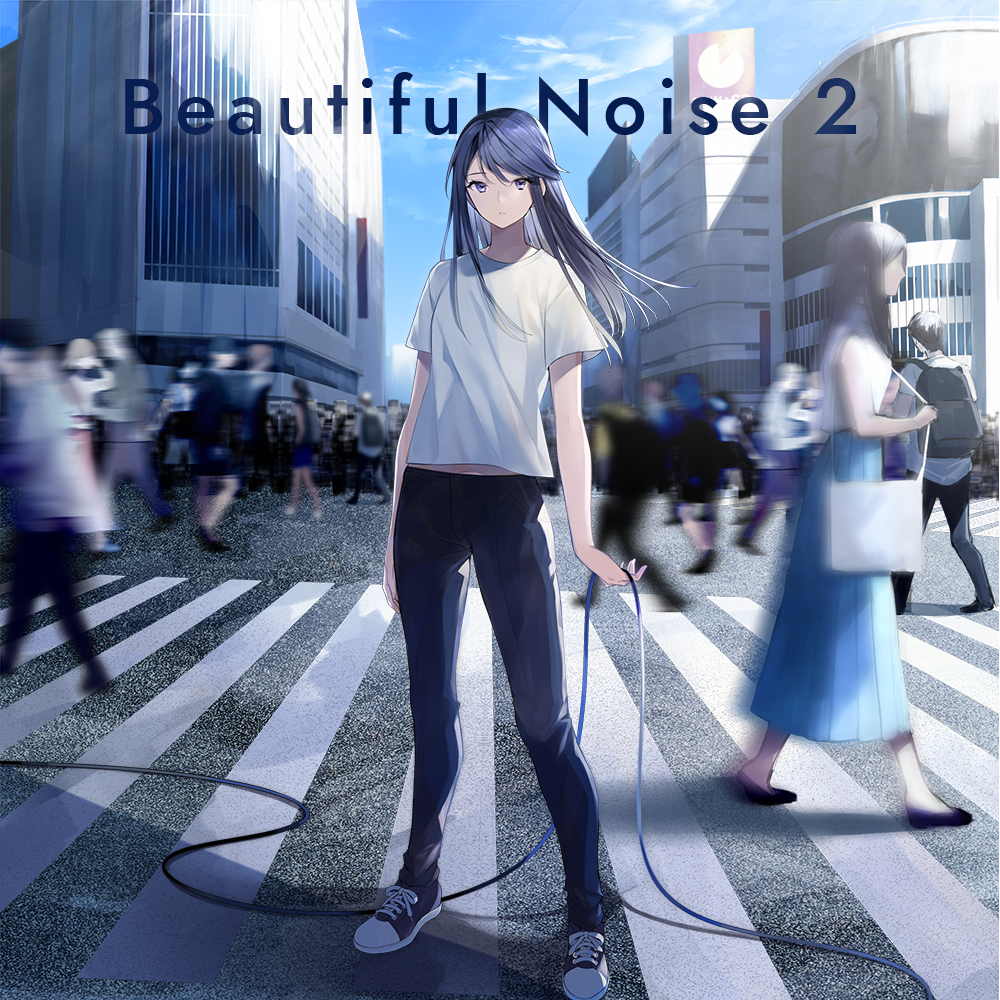 1girl album_cover black_pants blue_hair casual closed_mouth cover crosswalk day holding long_hair looking_at_viewer original outdoors pants shirt shoes short_sleeves sogawa solo_focus standing t-shirt violet_eyes white_shirt