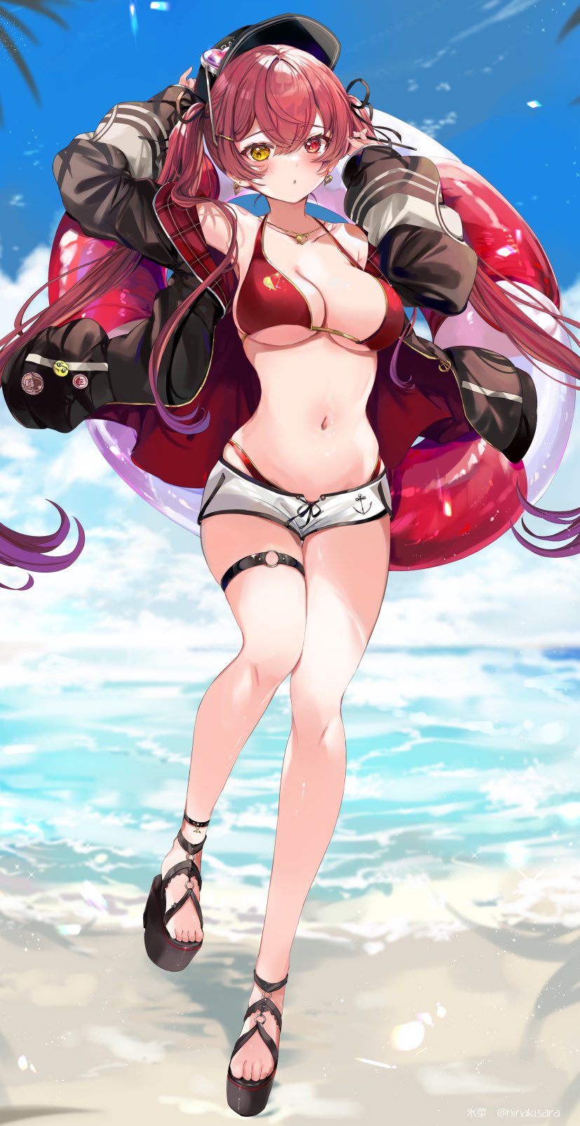1girl anchor anchor_print anchor_symbol bangs bare_shoulders bikini bikini_under_clothes blush bow bowtie breasts clouds collarbone commentary_request day full_body heterochromia highres hinahino hololive houshou_marine innertube jacket jewelry large_breasts long_hair long_sleeves looking_at_viewer navel necklace ocean off_shoulder open_clothes open_jacket outdoors parted_lips platform_footwear red_eyes redhead sandals shiny shiny_hair shorts simple_background sky stomach swimsuit thigh_strap tied_hair toes twintails virtual_youtuber water yellow_eyes zipper_pull_tab