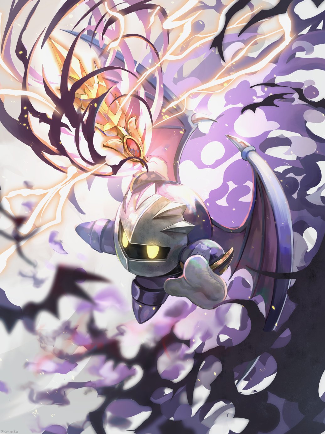 armor arms_up aura blank_eyes boots commentary demon_wings flying full_body galaxia_(sword) gem gloves glowing glowing_eyes highres holding holding_sword holding_weapon kirby_(series) looking_at_viewer mask meta_knight momoko_(nihontou) no_humans outstretched_arms purple_footwear purple_theme purple_wings reaching_out red_gemstone shoulder_armor solo spiked_wings spikes sword weapon white_gloves wings yellow_eyes