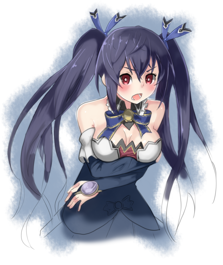 1girl breast_focus breasts cleavage_cutout clothing_cutout hogi neptune_(series) noire_(neptune_series) red_eyes twintails watercolor_effect