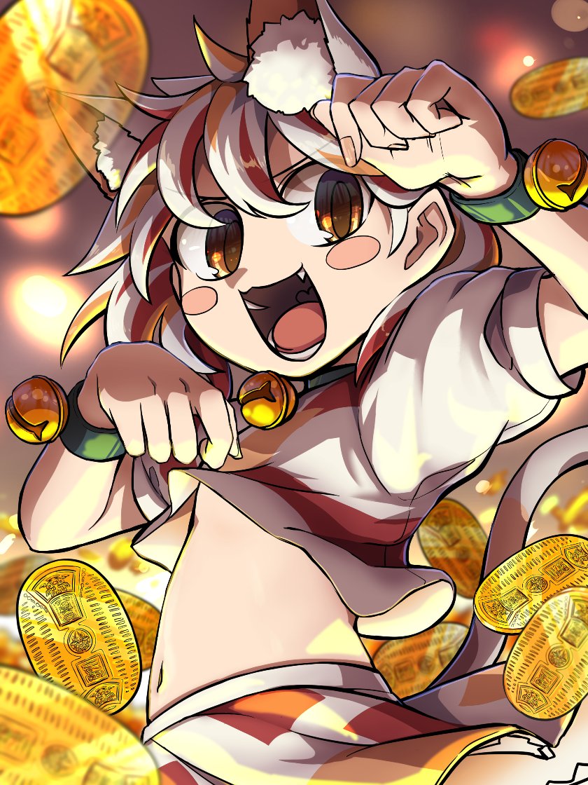 1girl animal_ears bangs bell calico cat_ears cat_girl cat_tail coin commentary_request crop_top fang gold goutokuji_mike jingle_bell koban_(gold) kusiyan maneki-neko medium_skirt midriff multicolored_clothes multicolored_hair multicolored_shirt multicolored_skirt multicolored_tail navel neck_bell open_mouth orange_eyes patch patchwork_clothes paw_pose short_hair skirt stomach streaked_hair tail touhou white_hair
