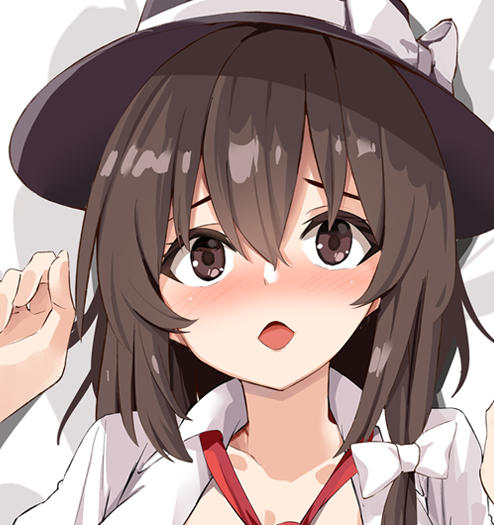 1girl bangs black_headwear blush bow brown_eyes brown_hair cropped eyebrows_behind_hair face hair_between_eyes hair_bow hat hat_bow kamukamu_(ars) necktie open_mouth shirt solo touhou upper_body usami_renko white_bow