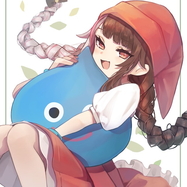 1girl bangs braid brown_eyes brown_hair cosplay_request dragon_quest dress eyebrows_visible_through_hair floating_hair gawa_(skima_150657) hair_behind_ear holding long_hair multicolored_hair nijisanji orange_dress orange_headwear pink_hair sitting slime_(creature) slime_(dragon_quest) smile solo streaked_hair twin_braids two-tone_hair very_long_hair virtual_youtuber white_hair yorumi_rena