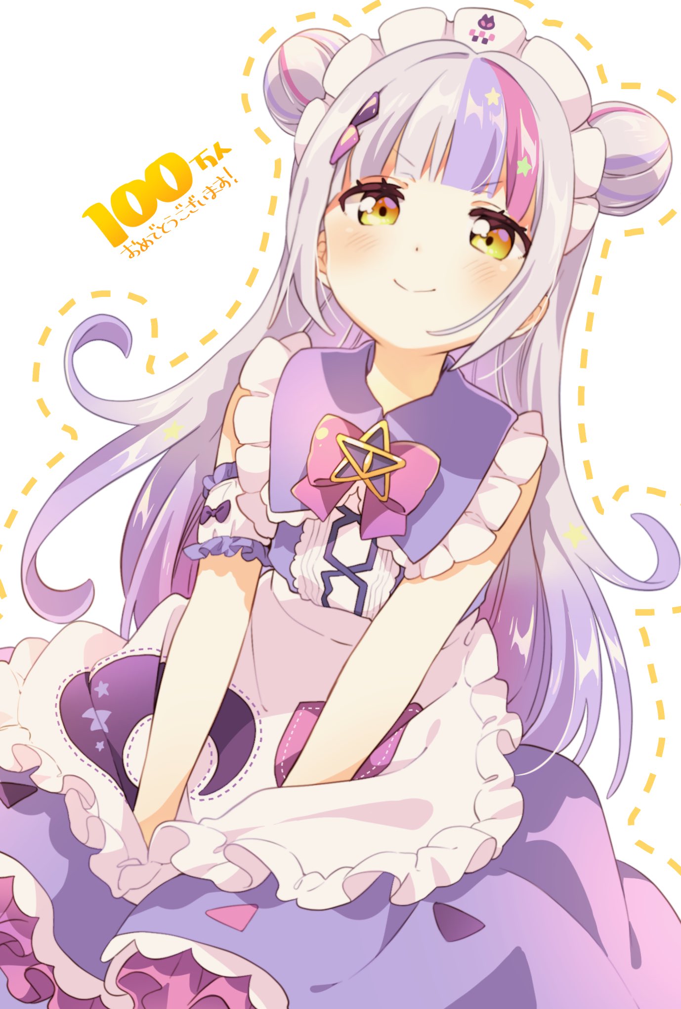 1girl apron bangs blunt_bangs closed_mouth dotted_line double_bun dress frilled_dress frills hair_bun highres hololive light_purple_hair long_hair looking_at_viewer maid_apron maid_headdress murasaki_shion namori smile solo translation_request virtual_youtuber yellow_eyes