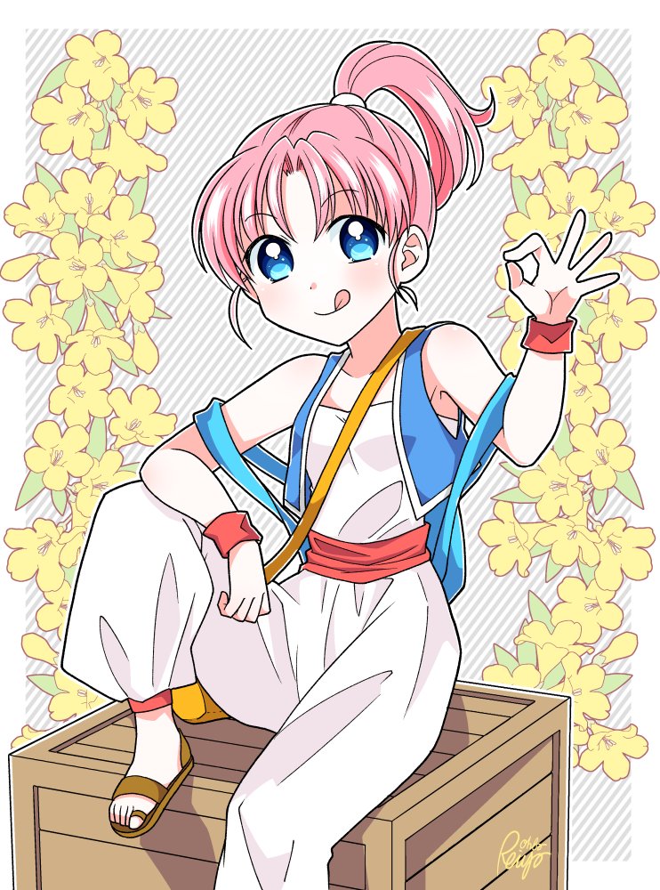 1girl blue_eyes breasts dragon_quest dragon_quest_iii flower looking_at_viewer merchant_(dq3) ok_sign ouba_reiya pink_hair ponytail short_hair smile solo toeless_footwear wristband