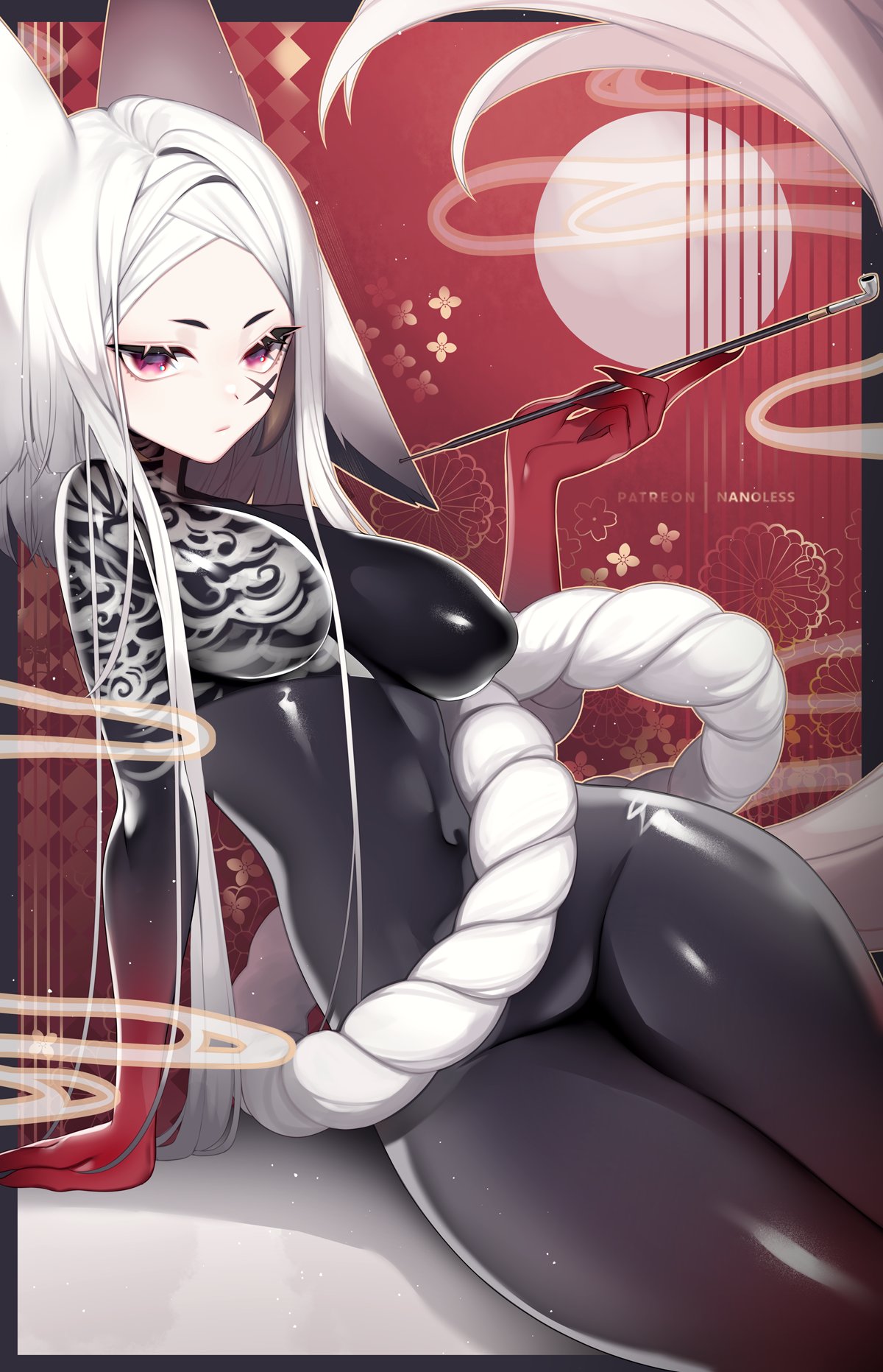 1girl animal_ears black_skin body_markings bodysuit breasts colored_skin dyarikku_(vtuber) fox_ears fox_girl fox_tail highres large_breasts leaning_to_the_side looking_at_viewer nanoless pipe red_eyes red_skin skin_tight skindentation solo tail tattoo thick_thighs thighs virtual_youtuber vyugen white_hair