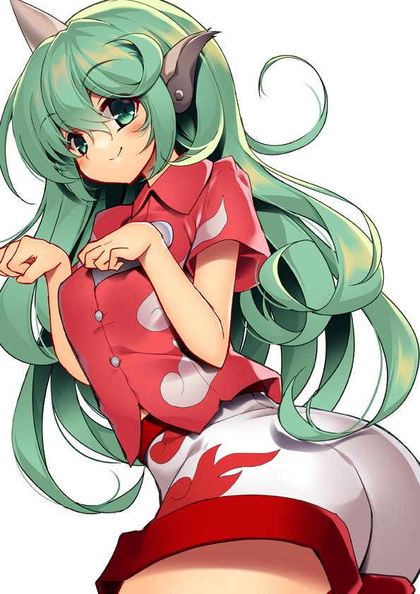 1girl aqua_hair ass breasts buttons closed_mouth cloud_print collared_shirt commentary_request curly_hair green_eyes grey_horns happy heart horns kariyushi_shirt komainu komainu_ears komano_aunn long_hair looking_at_viewer medium_breasts midriff_peek paw_pose red_shirt sakurame shirt short_sleeves shorts simple_background single_horn smile touhou white_background white_shirt white_shorts