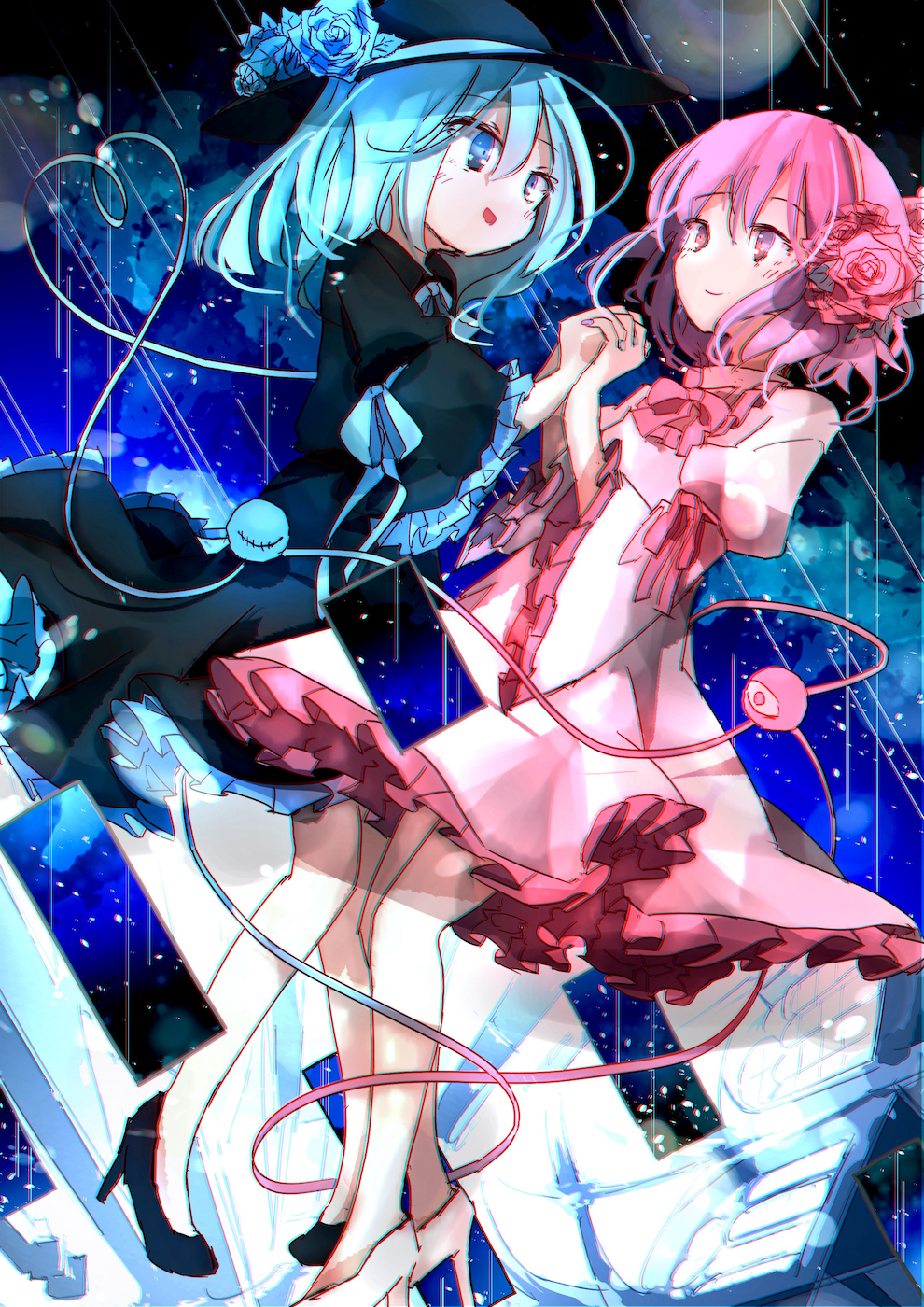 2girls :d abstract_background alternate_costume arawara black_dress black_footwear black_headwear blue_bow blue_bowtie blue_eyes blue_flower blue_nails blue_ribbon blue_rose blush bow bowtie chromatic_aberration closed_mouth commentary commission dress eyeball eyebrows_visible_through_hair fingernails flower frilled_dress frilled_sleeves frills from_side full_body full_moon green_hair hair_between_eyes hairband hands_up hat hat_flower heart heart_of_string high_heels highres holding_hands interlocked_fingers komeiji_koishi komeiji_satori long_sleeves looking_at_another medium_hair moon multiple_girls nail_polish open_mouth pink_bow pink_bowtie pink_dress pink_eyes pink_flower pink_footwear pink_hair pink_nails pink_ribbon pink_rose ribbon rose short_hair siblings sisters skeb_commission smile third_eye touhou wide_sleeves yellow_hairband