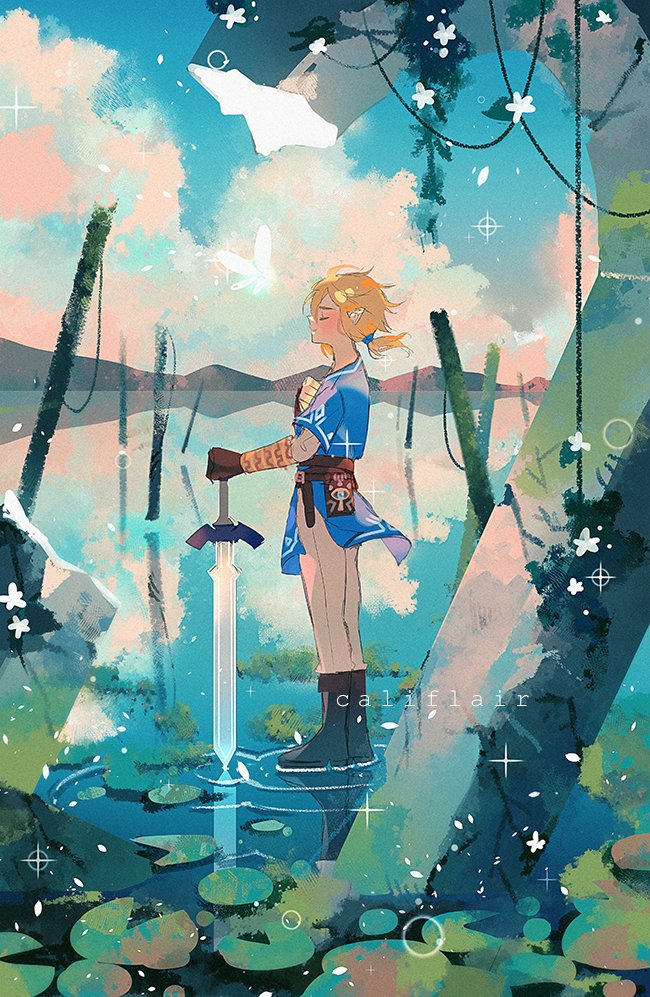 1boy belt black_footwear blonde_hair blue_tunic blush boots brown_belt califlair closed_eyes closed_mouth clouds commentary day from_side holding holding_sword holding_weapon lily_pad link male_focus master_sword navi outdoors pants ripples short_hair short_ponytail sky smile standing sword the_legend_of_zelda the_legend_of_zelda:_breath_of_the_wild walking walking_on_liquid water weapon