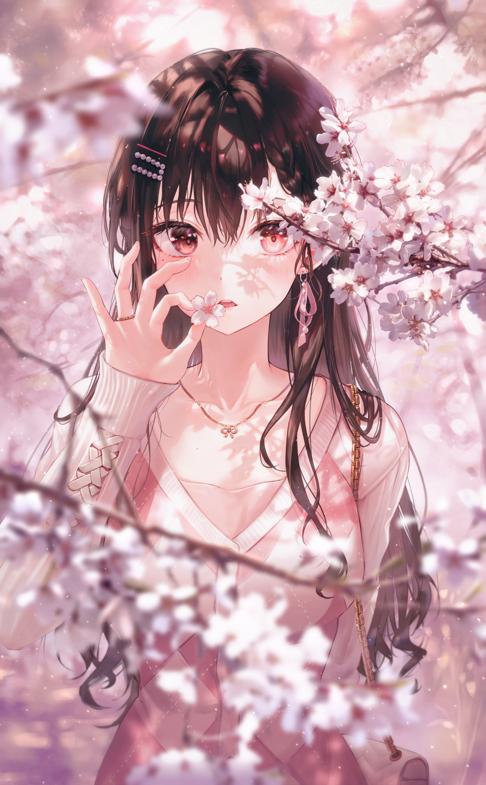 1girl bag bangs black_hair branch cherry_blossoms collar commentary earrings flower hair_between_eyes hair_ornament hairclip highres holding holding_flower jewelry long_hair long_sleeves looking_at_viewer mole mole_under_eye original outdoors parted_lips pink_bag pink_eyes pink_flower pink_sweater pink_theme ring shoulder_bag solo sweater teeth tokkyu upper_body upper_teeth