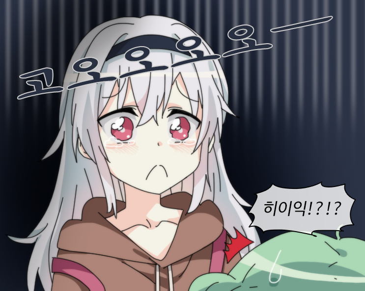 2girls :&lt; black_background close-up commentary contemporary eyebrows_visible_through_hair frown girls_frontline green_hair hairband hood hoodie korean_commentary korean_text long_hair looking_at_another m950a_(girls'_frontline) multiple_girls red_eyes sidarim simple_background solo_focus tearing_up tears thunder_(girls'_frontline) translation_request upper_body white_hair
