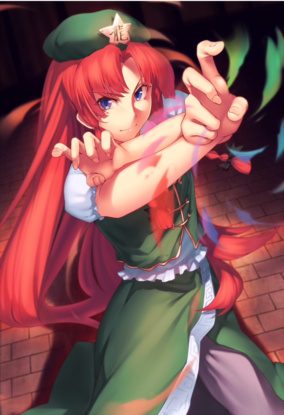 &gt;:) 1girl arms_up bangs beret blue_eyes brick_floor commentary_request cowboy_shot eyebrows_visible_through_hair fighting_stance frills from_above green_headwear green_skirt green_vest hat hat_ornament hong_meiling kaiza_(rider000) long_hair pants redhead shirt short_sleeves side_slit skirt skirt_set solo standing star_(symbol) star_hat_ornament touhou v-shaped_eyebrows very_long_hair vest white_pants white_shirt