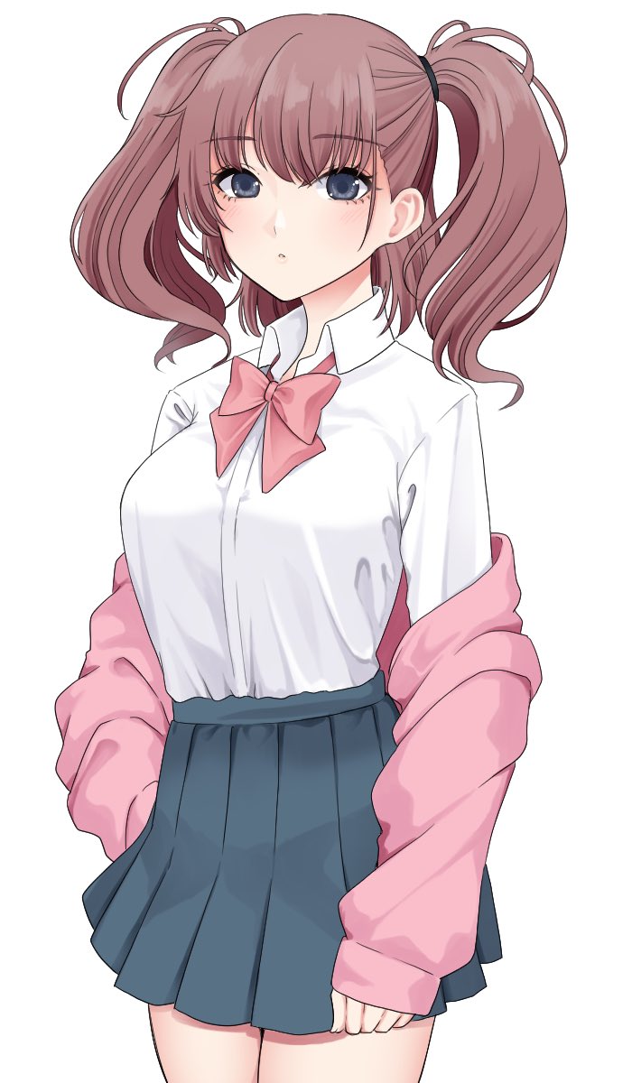 1girl alternate_costume atlanta_(kancolle) bangs black_eyes blue_skirt bow bowtie breasts brown_hair eyebrows_visible_through_hair highres jacket kantai_collection long_hair long_sleeves looking_at_viewer medium_breasts off-shoulder_jacket off_shoulder parted_lips pink_bow pink_bowtie pleated_skirt shirt simple_background skirt solo twintails two_side_up white_background white_shirt yomogi_dango