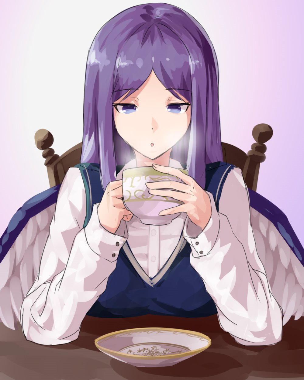 1girl :o angel blowing blue_dress blue_eyes blue_hair breasts chair coffee_cup coffee_mug commentary_request cup disposable_cup dress highres kamiya_ueshi long_hair long_sleeves medium_breasts mug multiple_wings pinafore_dress sariel_(touhou) seraph shirt sitting steam touhou touhou_(pc-98) upper_body very_long_hair white_shirt wings wooden_chair