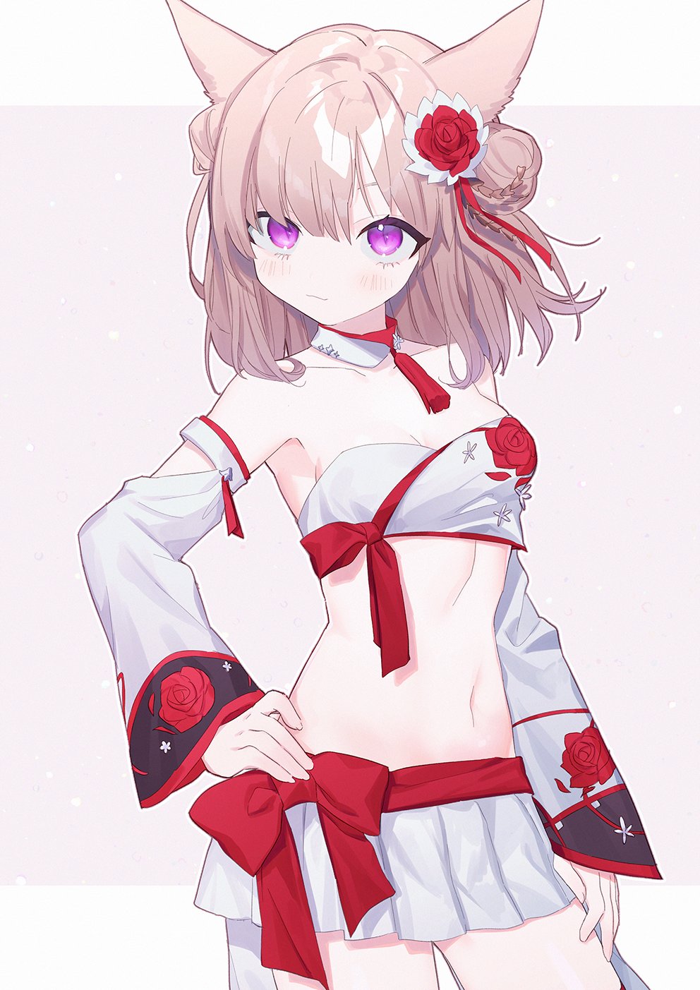1girl animal_ears avatar_(ff14) bandeau bare_shoulders brown_hair commentary_request cowboy_shot detached_collar double_bun final_fantasy final_fantasy_xiv floral_print flower funa_(sakana) hair_flower hair_ornament hand_on_hip hand_on_own_thigh highres long_sleeves looking_at_viewer medium_hair midriff miniskirt miqo'te rose_print skirt slit_pupils smile solo strapless tassel tube_top violet_eyes wide_sleeves