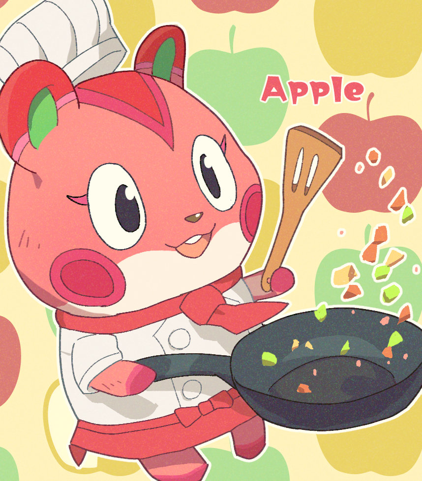 1girl animal_crossing animal_ears apple_(animal_crossing) apple_inc. apple_print chef_hat chef_uniform cooking frying_pan furry furry_female gizugazu hamster hamster_ears hamster_girl hat holding holding_frying_pan holding_spatula necktie open_mouth outline red_fur red_necktie smile solo spatula white_outline