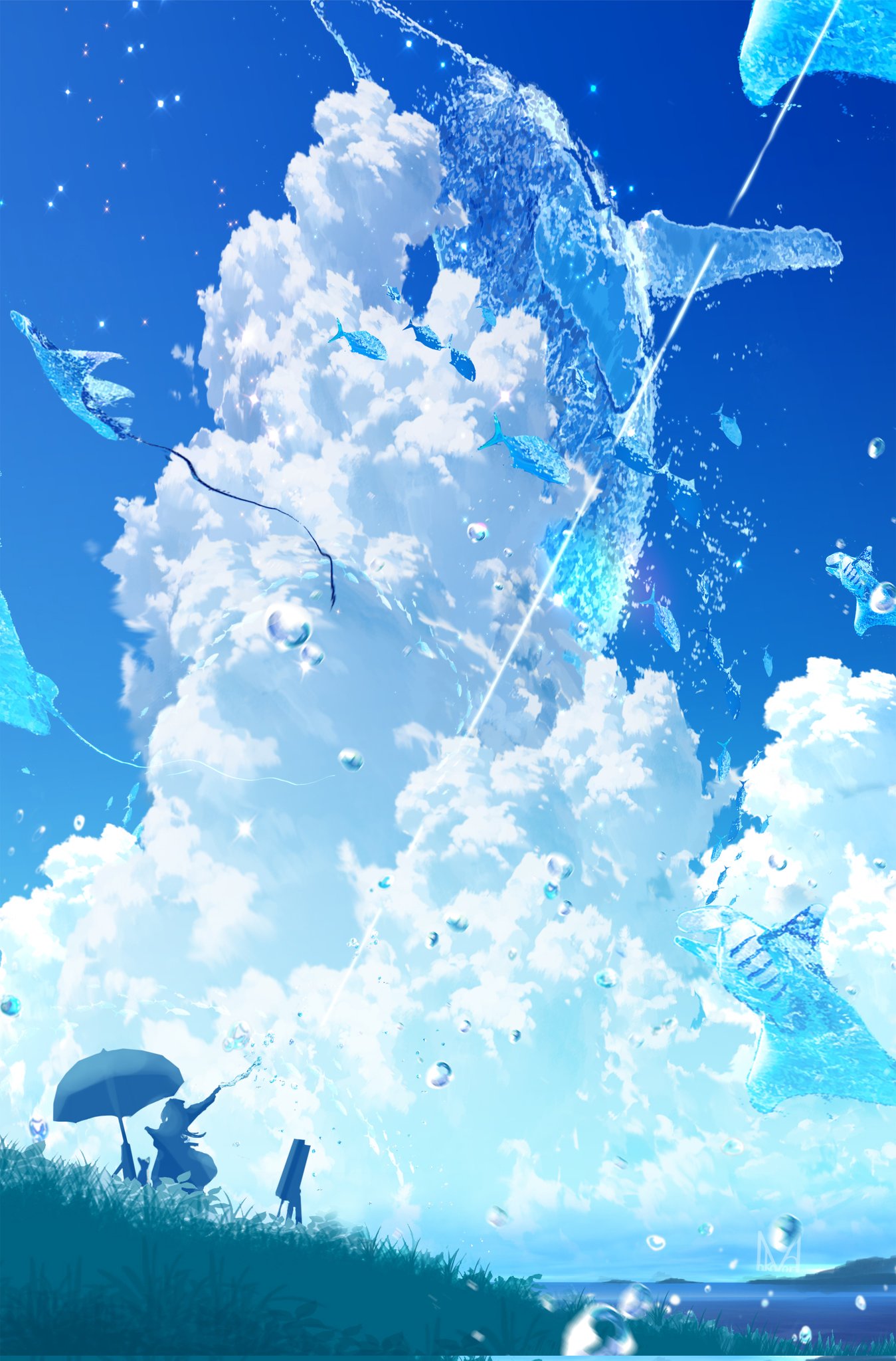 1girl arm_up blue_sky blue_theme canvas_(object) cumulonimbus_cloud day easel grass highres lake makoron117117 original outdoors parasol people scenery silhouette sky solo sparkle sunlight umbrella water water_drop