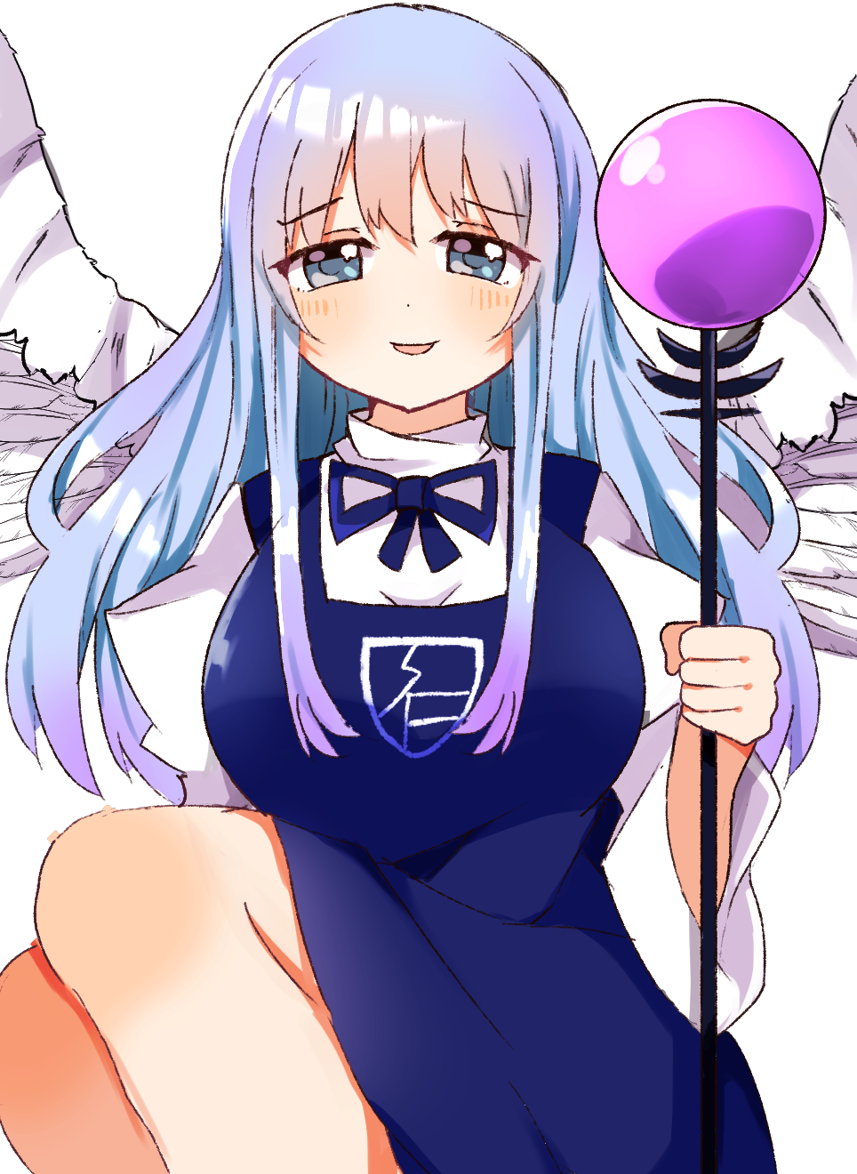 angel angel_wings bangs blue_dress blue_eyes blue_hair blue_ribbon blush breasts dress eyebrows_visible_through_hair feathered_wings feathers highres holding holding_staff large_breasts long_sleeves looking_at_viewer puffy_sleeves ribbon sariel_(touhou) staff touhou touhou_(pc-98) white_wings wings zeroko-san_(nuclear_f)