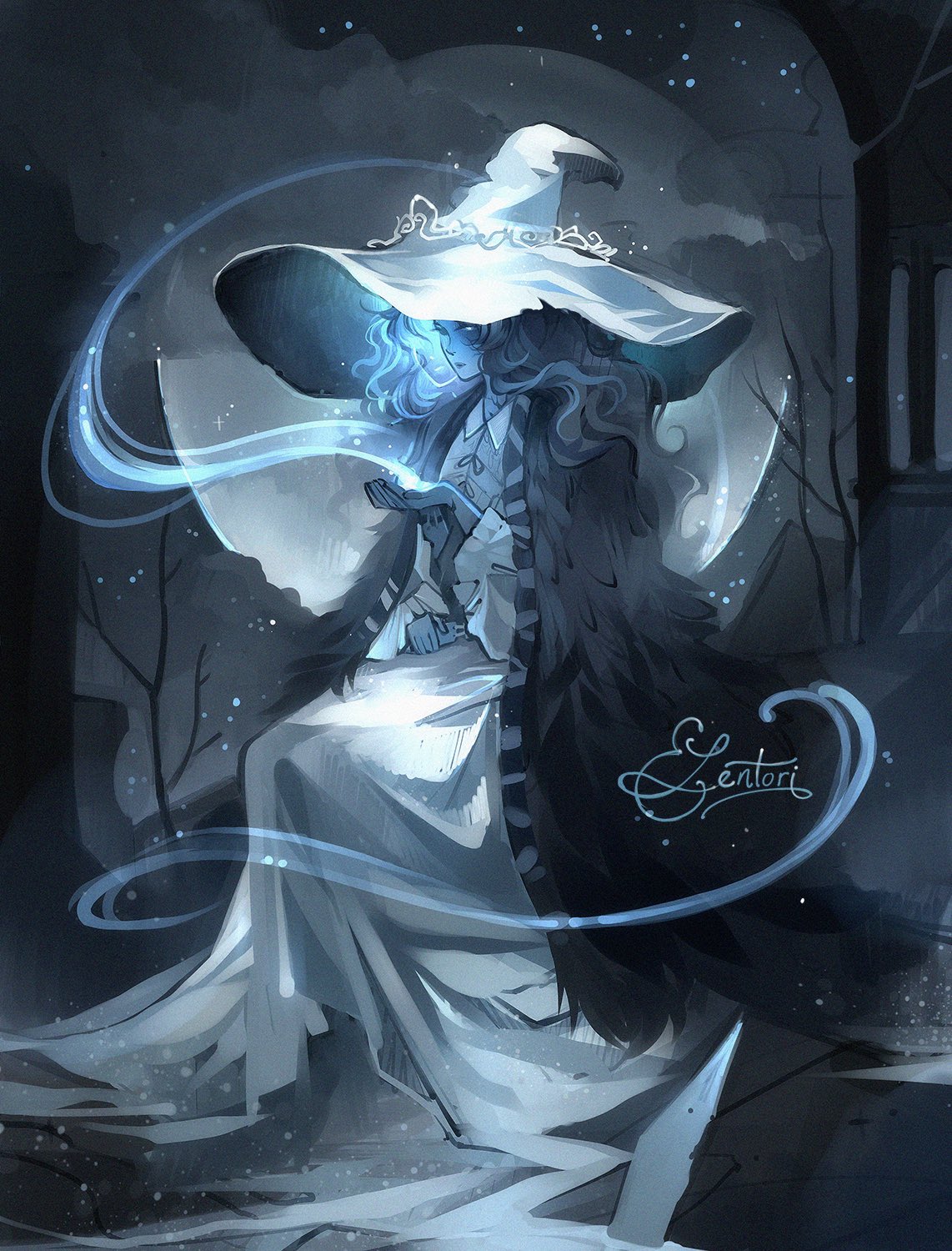 1girl blue_hair blue_skin cloak closed_mouth colored_skin dress elden_ring elentori extra_arms extra_faces from_side full_moon fur_cloak hands_up hat highres long_dress magic moon ranni_the_witch signature sitting solo white_dress white_headwear witch_hat