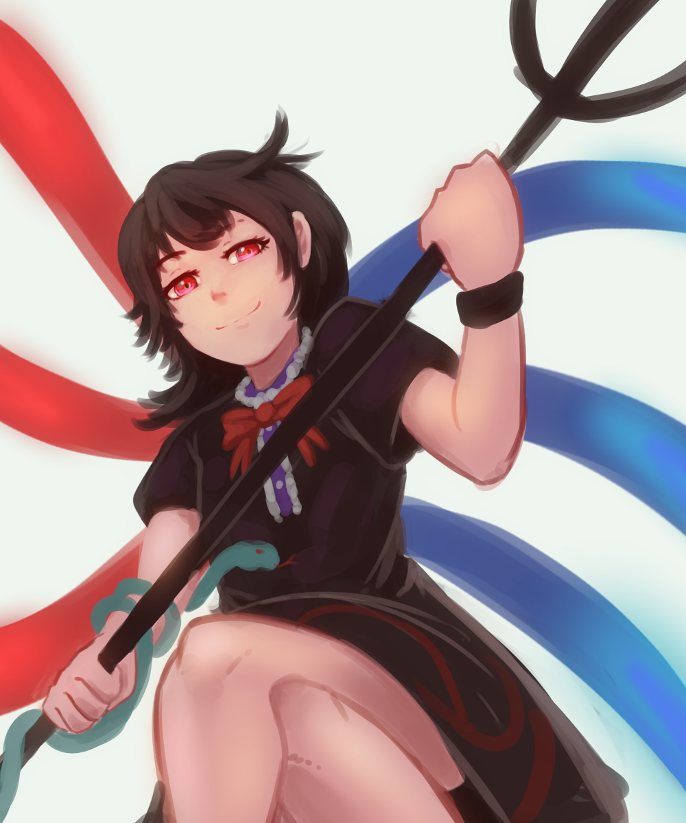 black_dress black_hair bow dress highres houjuu_nue pitchfork polearm red_bow red_eyes revenge_(vengerezn) smile snake staff touhou trident weapon wings