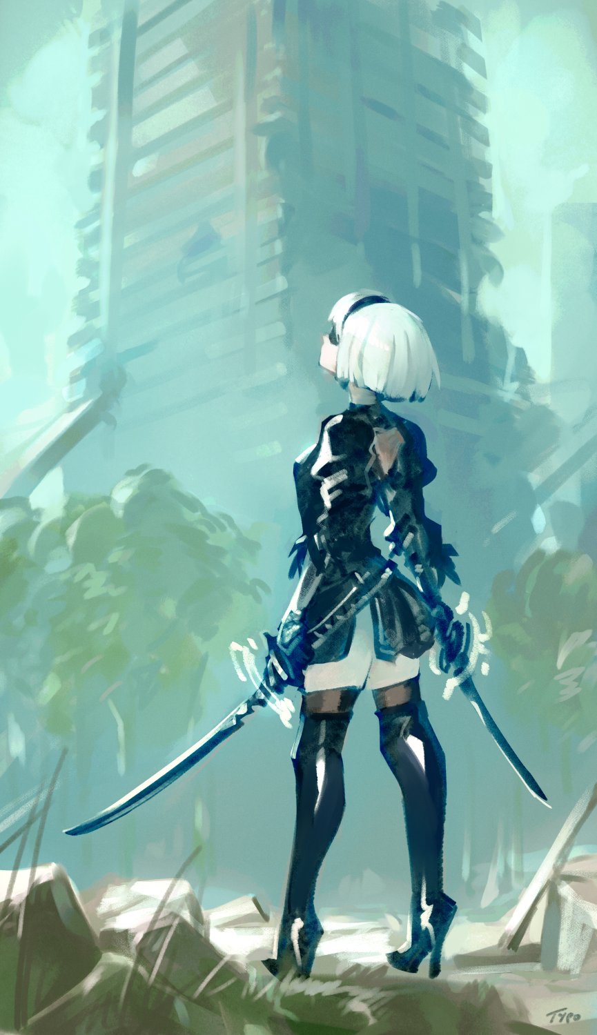 1girl back black_dress black_footwear black_legwear boots building dress feather-trimmed_sleeves full_body hairband high_heel_boots high_heels highres holding holding_weapon looking_afar looking_away nier_(series) nier_automata optionaltypo ruins signature sky solo standing sword thigh-highs thigh_boots tree weapon white_hair yorha_no._2_type_b