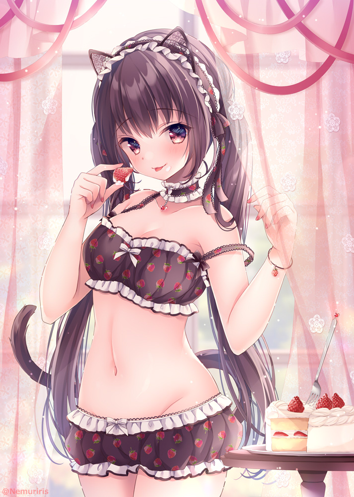 1girl :p animal_ears bangs black_bra black_hair black_panties blush bra brown_eyes cake cat_ears cat_girl cat_tail closed_mouth commentary_request curtains day eyebrows_visible_through_hair food food_print fork fruit groin hands_up holding holding_food indoors lingerie long_hair looking_at_viewer nail_polish navel nemuri_nemu original panties print_bra print_panties red_nails red_ribbon ribbon smile solo standing strawberry strawberry_bra strawberry_panties strawberry_print tail tongue tongue_out transparent twintails underwear very_long_hair window