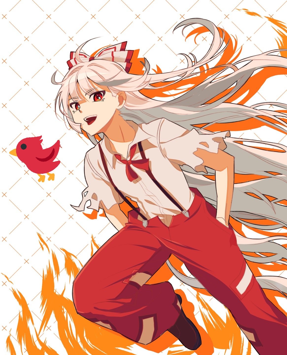 1girl :d bird bow elosia fire fujiwara_no_mokou grey_hair hair_bow hands_in_pockets highres long_hair open_mouth pants red_eyes red_pants shirt simple_background smile solo suspenders torn_clothes touhou very_long_hair white_background white_shirt wing_collar
