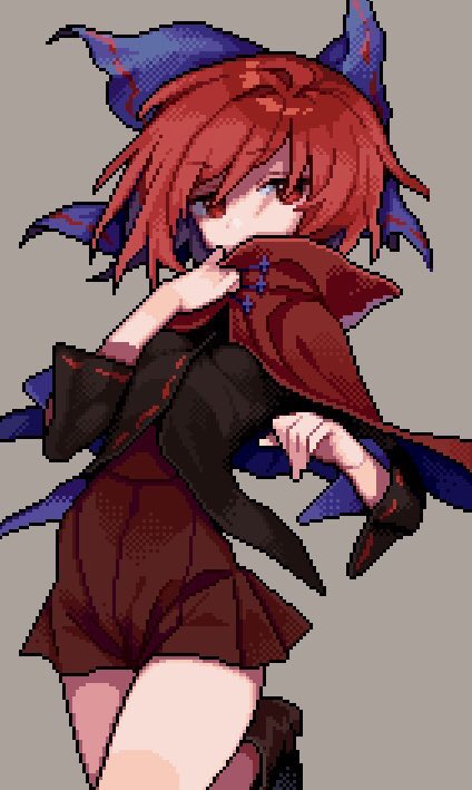 1girl bangs black_shirt blue_bow bow breasts cape cloak covered_mouth eyebrows_visible_through_hair hair_bow large_bow long_sleeves looking_at_viewer miniskirt pixel_art red_cloak red_eyes red_skirt redhead ribbon-trimmed_bow risui_(suzu_rks) sekibanki shirt short_hair simple_background skirt small_breasts solo thighs touhou