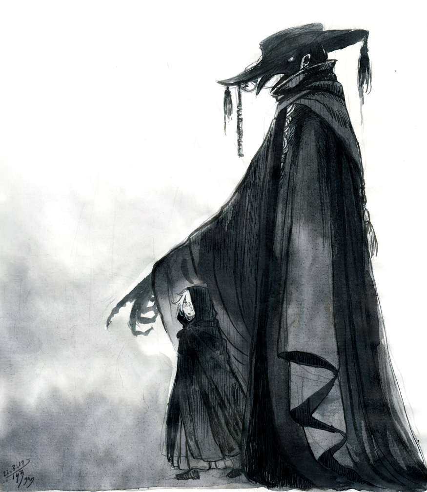 2boys cloak dated fog greyscale hair_over_one_eye half-closed_eyes hat hatching_(texture) hood hood_up hooded_cloak long_fingers long_sleeves male_focus mask monochrome multiple_boys original painting_(medium) plague_doctor plague_doctor_mask pointing signature size_difference sky-art tassel traditional_media walking watercolor_(medium) wide_sleeves