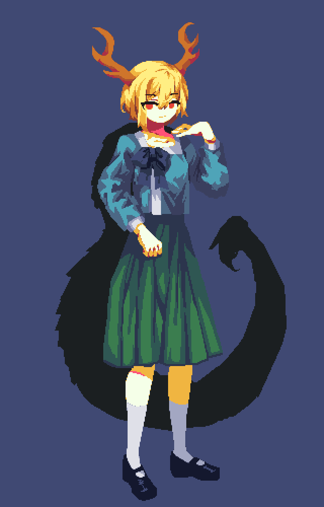 1girl 4qw5 bangs black_background black_footwear blonde_hair blue_bow blue_shirt bow closed_mouth dragon_tail eyebrows_visible_through_hair full_body green_skirt kicchou_yachie long_sleeves looking_at_viewer pixel_art red_eyes shirt short_hair simple_background skirt solo standing tail touhou turtle_shell white_legwear