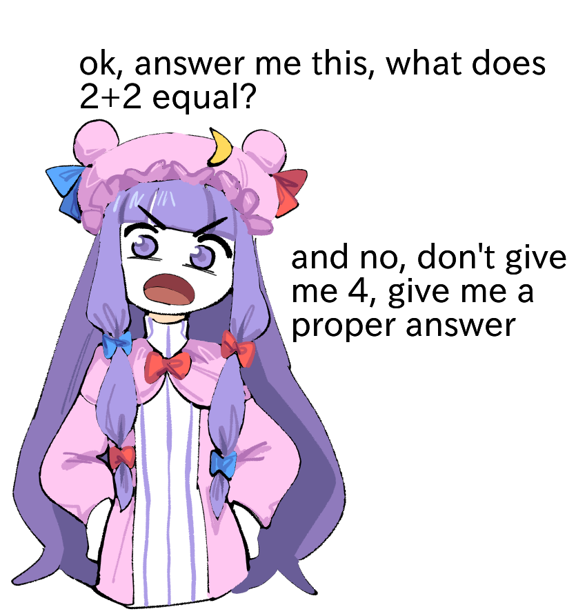 1girl bags_under_eyes blue_bow blue_ribbon bow bowtie capelet commentary crescent crescent_hat_ornament cropped_torso english_commentary english_text hair_bow hands_on_hips hat hat_ornament hat_ribbon long_hair looking_at_viewer meme mob_cap open_mouth organsoup patchouli_knowledge purple_hair red_bow red_bowtie red_ribbon ribbon robe simple_background solo touhou upper_body v-shaped_eyebrows very_long_hair violet_eyes white_background