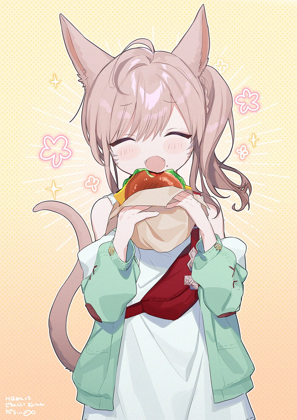 1girl ahoge animal_ears antenna_hair bag bare_shoulders bitten brown_hair burger closed_eyes commentary_request crumbs eyebrows_visible_through_hair fangs fanny_pack flower_(symbol) food funa_(sakana) highres holding holding_food jacket long_sleeves open_mouth original patch puffy_sleeves smile solo sparkle tail upper_body yellow_background