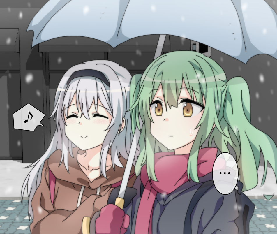... 2girls closed_eyes commentary contemporary expressionless eyebrows_visible_through_hair girls_frontline green_hair hairband hand_on_another's_arm happy korean_commentary long_hair m950a_(girls'_frontline) multiple_girls musical_note outdoors shared_umbrella sidarim smile snow snowing spoken_ellipsis spoken_musical_note sweatdrop thunder_(girls'_frontline) twintails umbrella upper_body white_hair yellow_eyes