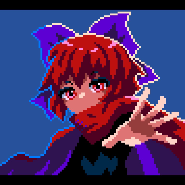 1girl akayu_pixel blue_background bow cloak eyebrows_visible_through_hair hair_bow letterboxed looking_at_viewer pixel_art purple_bow red_eyes redhead sekibanki short_hair solo touhou upper_body