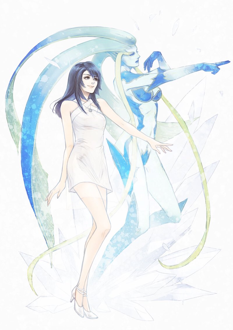 2girls bare_arms bare_shoulders black_hair blue_skin breasts closed_mouth colored_skin dress female final_fantasy final_fantasy_viii full_body high_heels jewelry long_hair looking_away multiple_girls necklace no_legwear noie_(neunteedelstein) outstretched_arm rinoa_heartilly shiva_(final_fantasy) shoes simple_background sleeveless sleeveless_dress white_background white_footwear